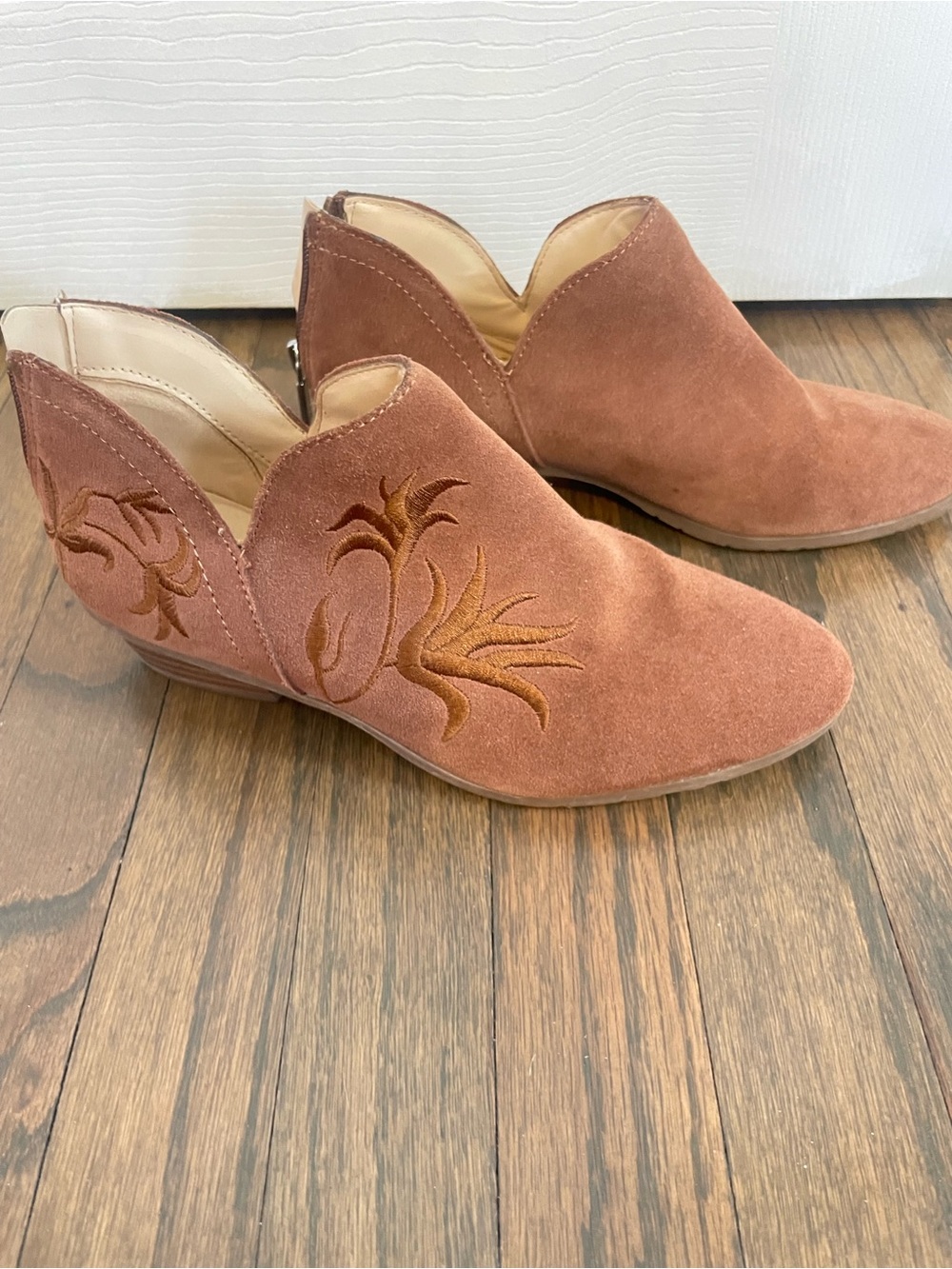 Suede Embroidered Ankle Bootie in Rust - Womens 5